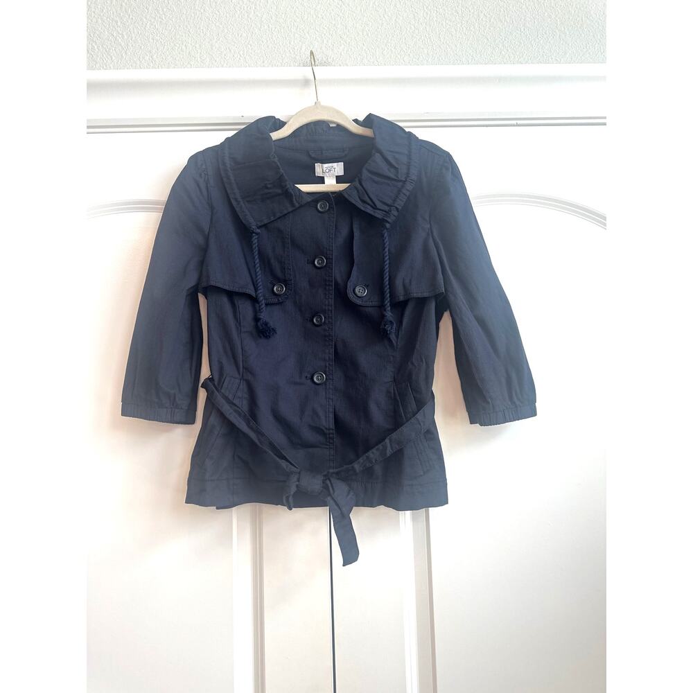 Loft Navy Jacket Elbow Length Sleeve Button Down Jacket with Waist Belt - Picture 2 of 8